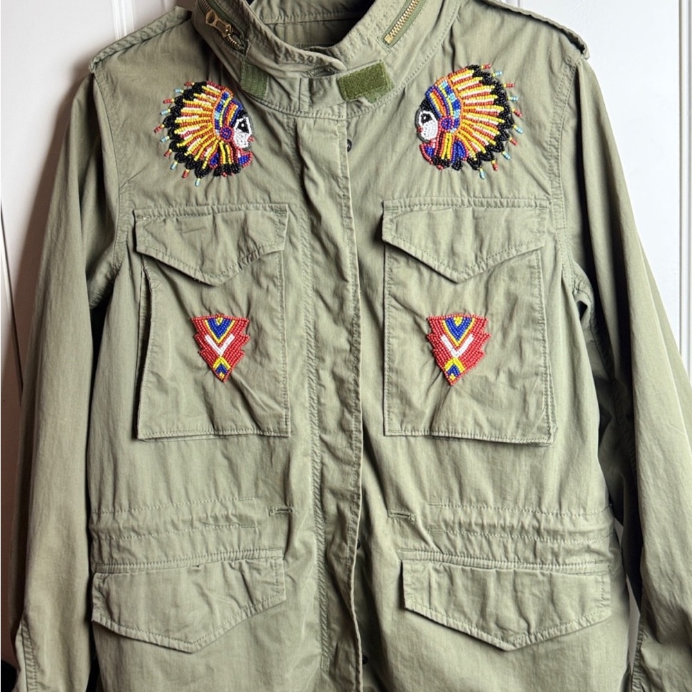 Ralph Lauren Denim Supply Indian Beaded Green Military M65 Jacket Size L
